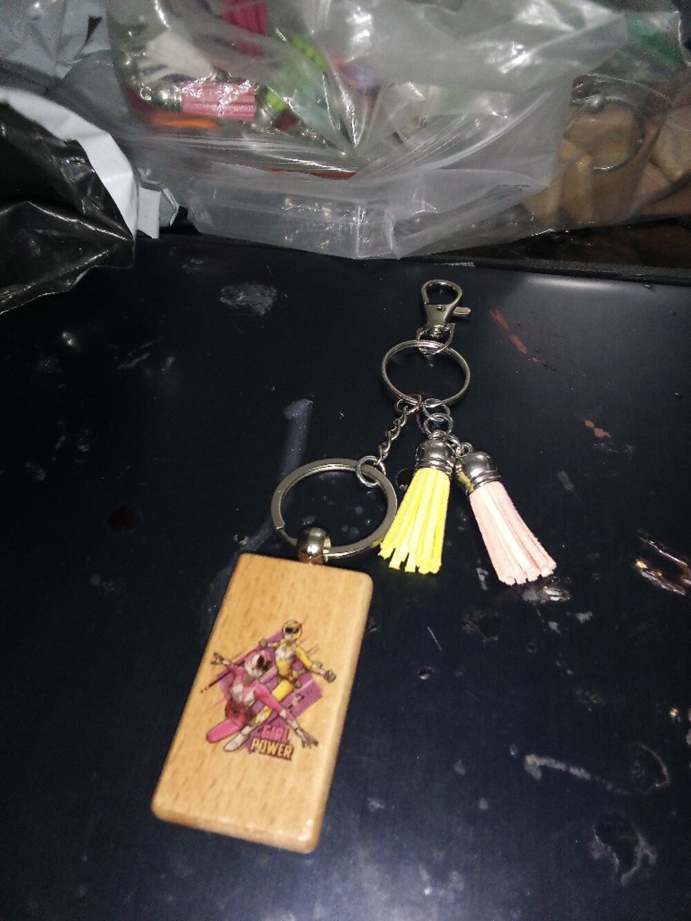 Wooden Pink and Yellow Power Rangers Bag Charm with Tassels